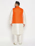 Vastramay Men's Plus Size Orange Matka Silk Nehru Jacket With Cream Silk Blend Kurta and Pant style Pyjama Set